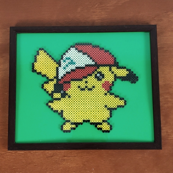 Pokémon Pikachu With Ash's Hat Framed Perler Bead Sprite